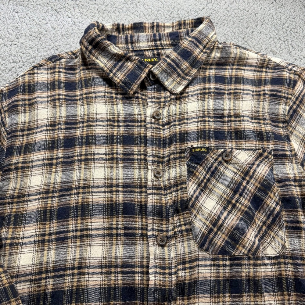 Stanley Mens XL Flannel Shirt Brown Blue Plaid Long Sleeve Button Down ST11118BG